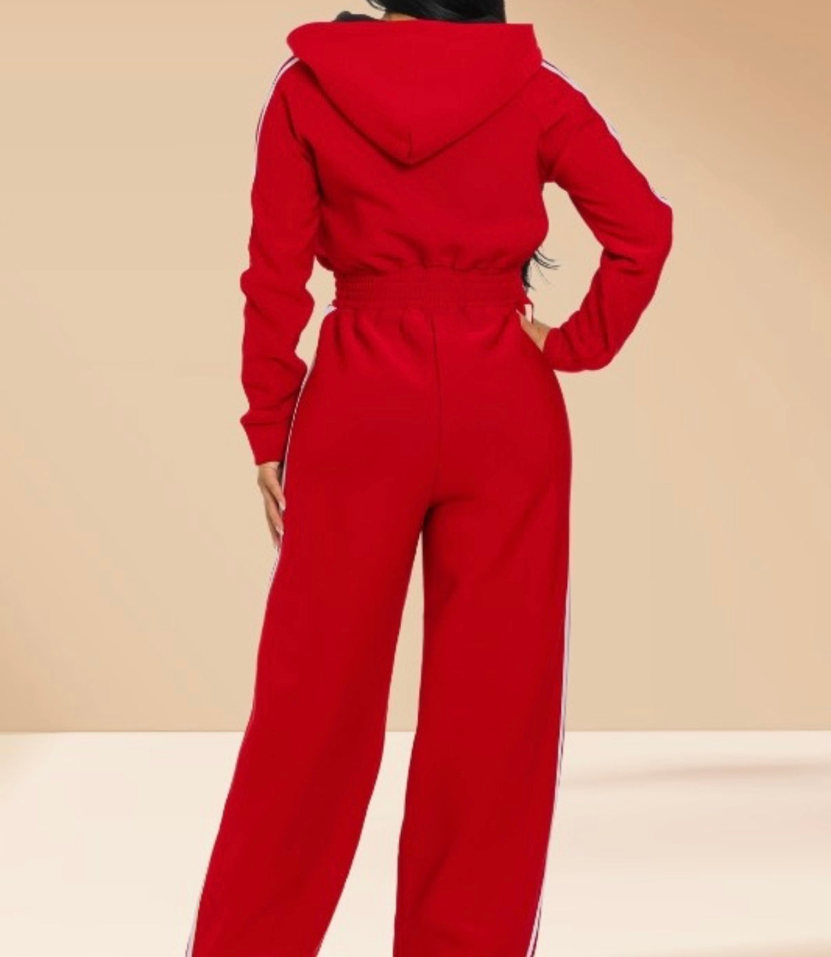Jumpsuit Hooded Lined Fleece Side Stripes Red