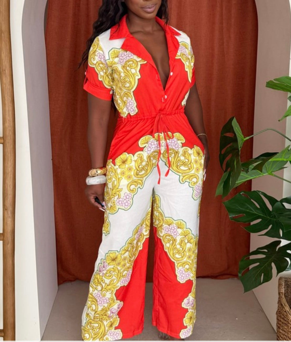 Red Baroque Print Button Jumpsuit