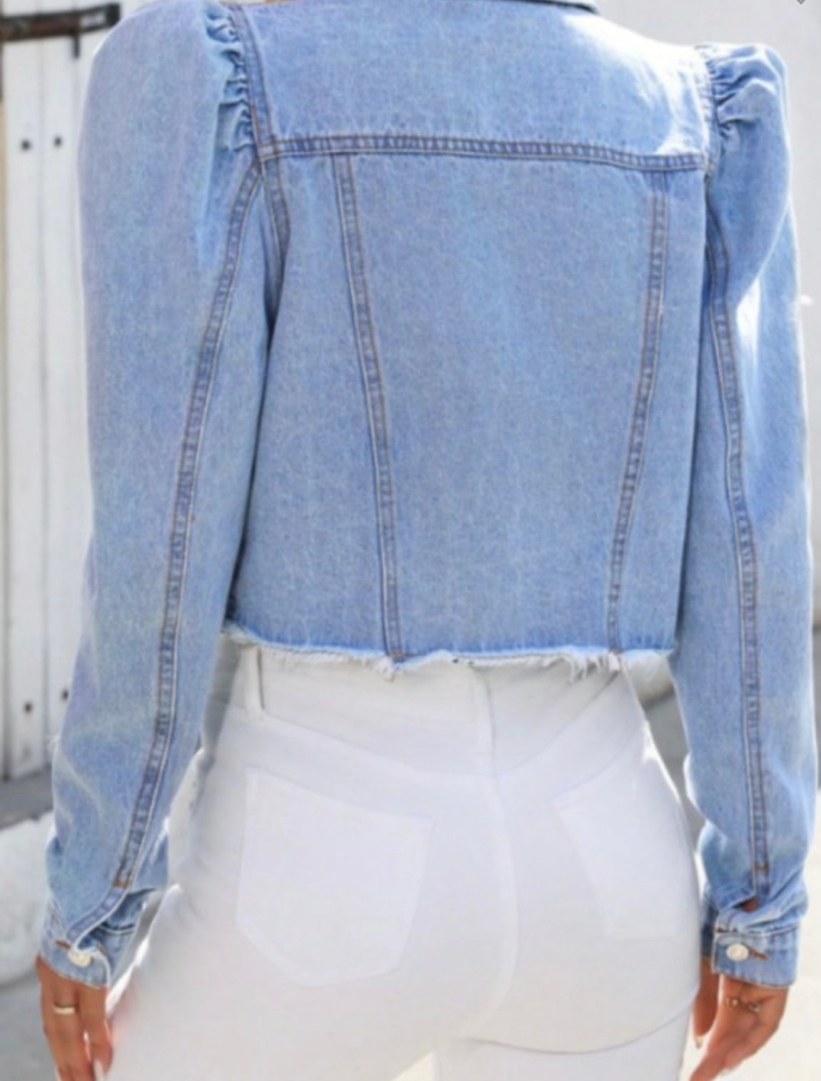 Puff Shoulder Frayed Hem Denim Jacket