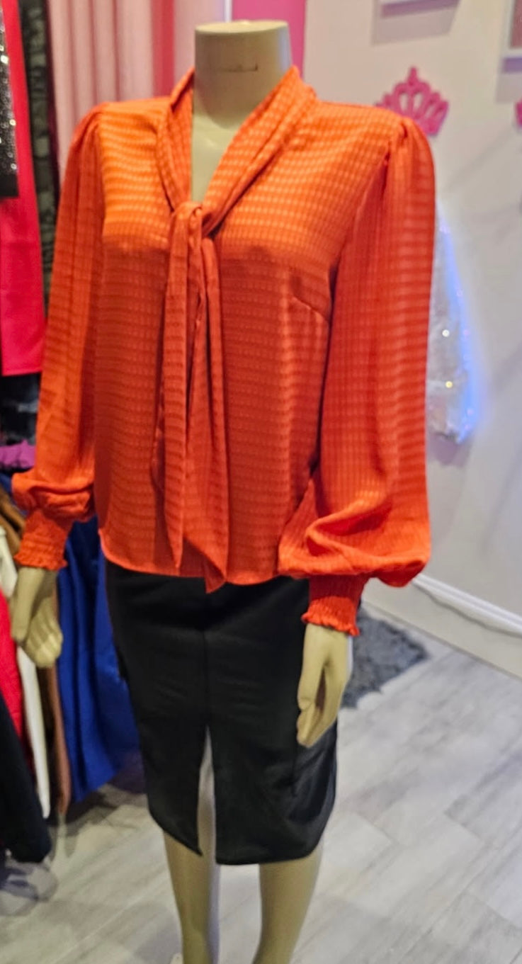 Long Sleeve Tie Neck Top Orange