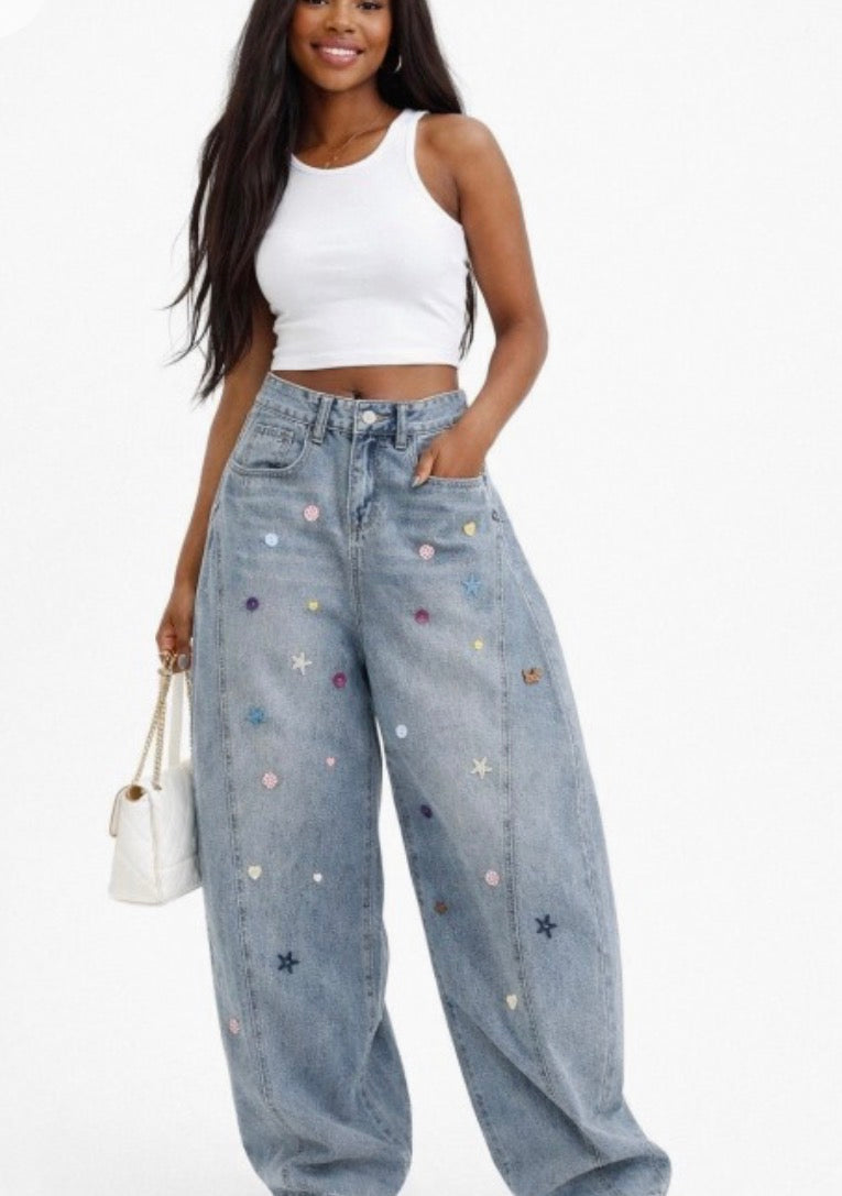 Y2k Colorful Button Embellishments Barrel Jean