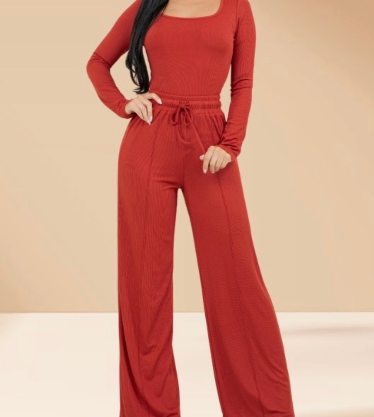 Long Sleeve Bodysuit Pants Set Flare Rust