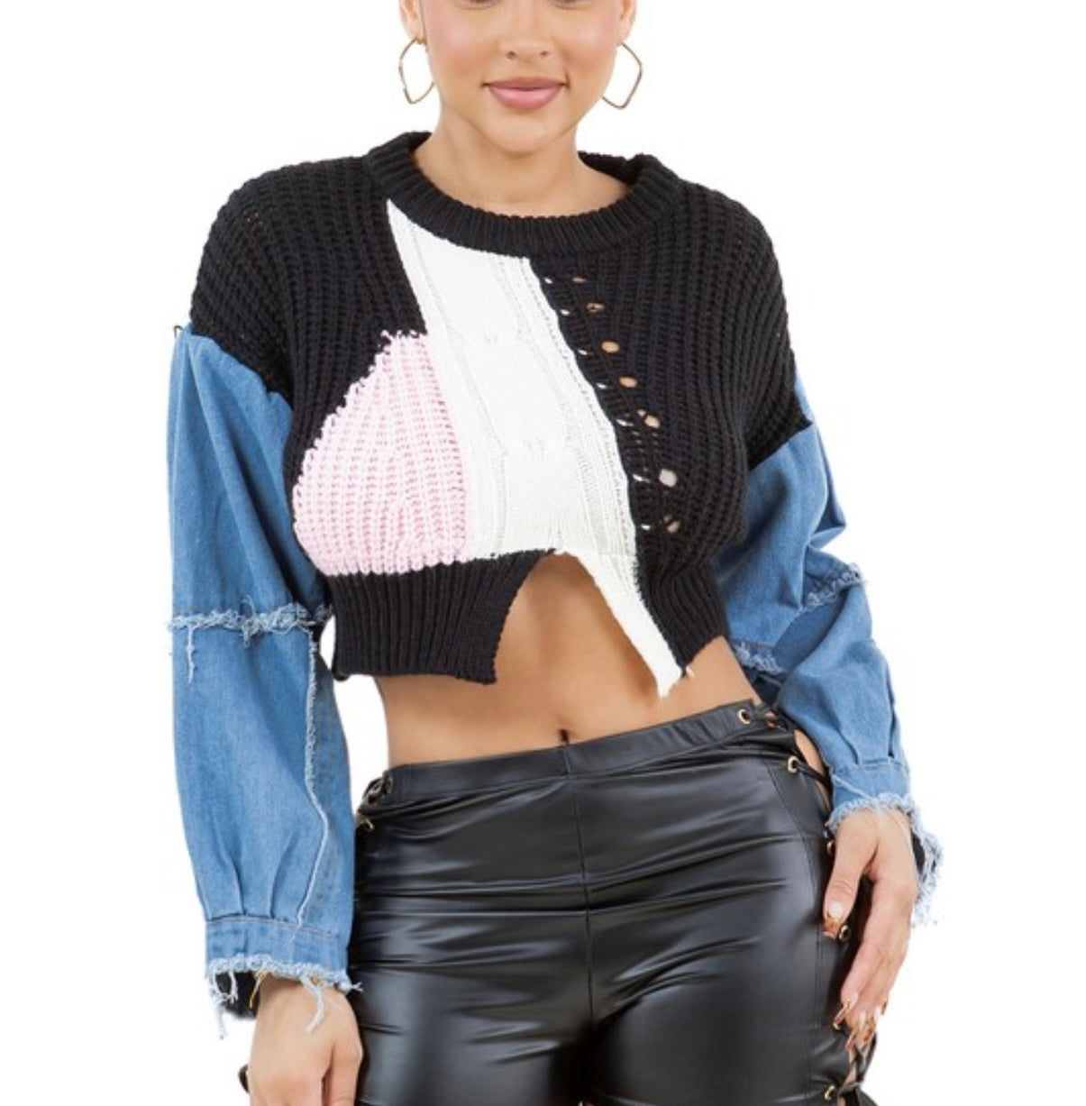 Cropped Knit Contrast Sweater
