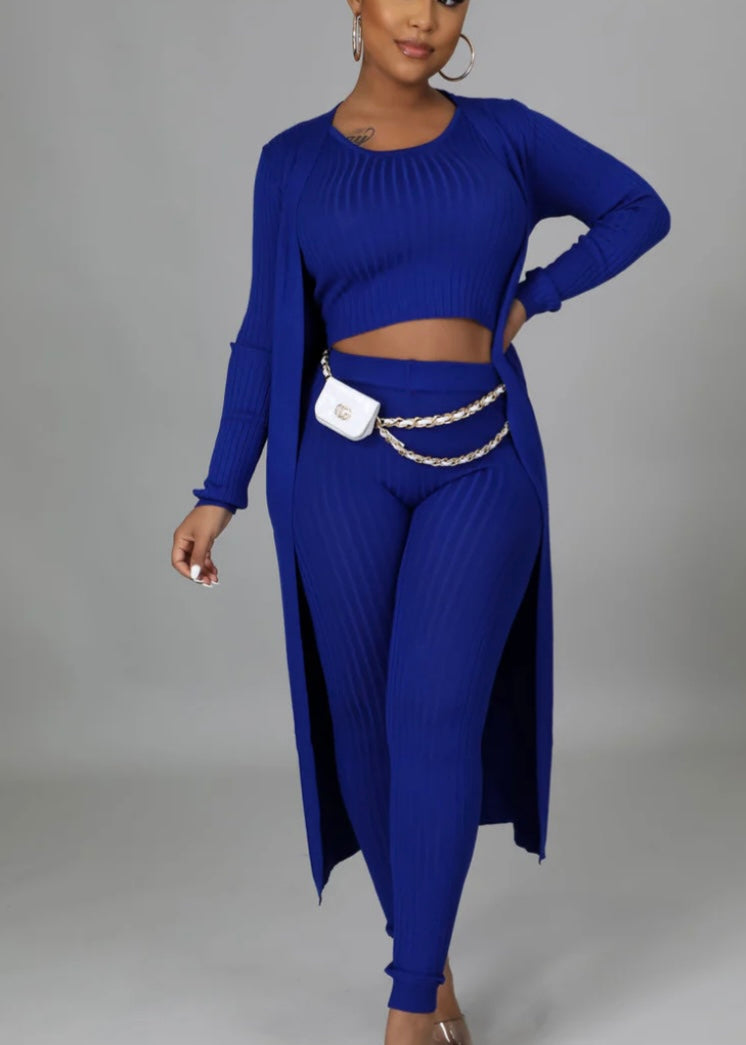 Rib Three Piece Set With Cardigan Blue