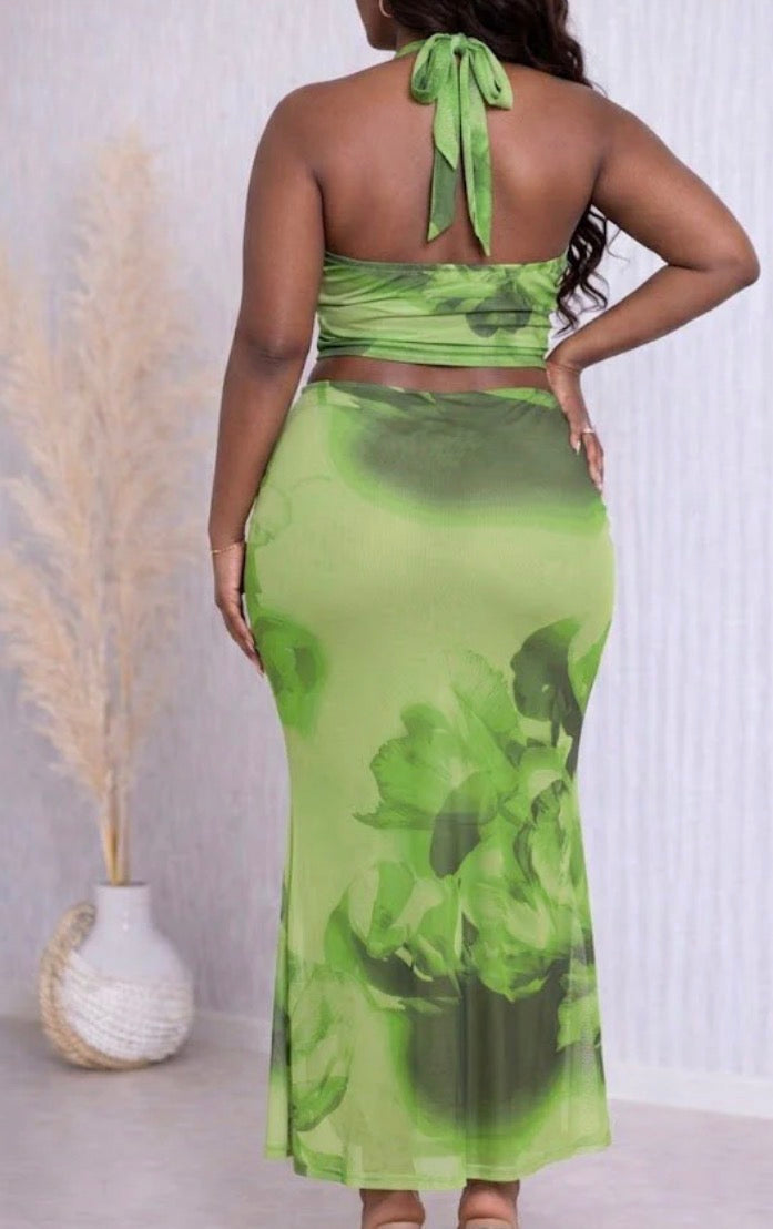 PRINTED COWL HALTER NECK TOP & SKIRT SET Green