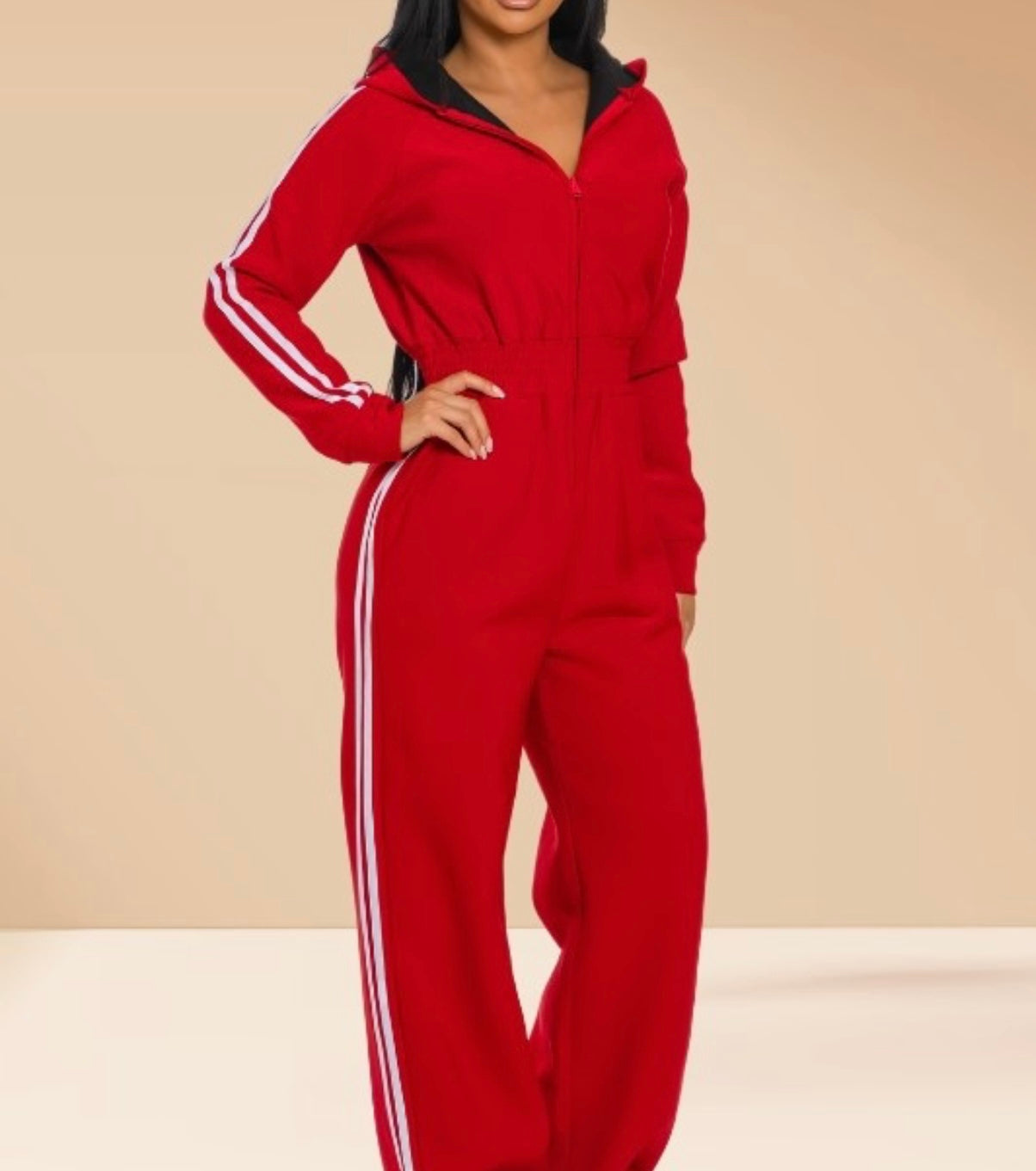 Jumpsuit Hooded Lined Fleece Side Stripes Red