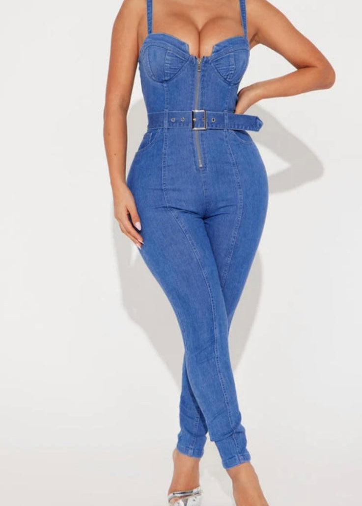 Strap Dark Denim Strap Jumpsuit W/Belt