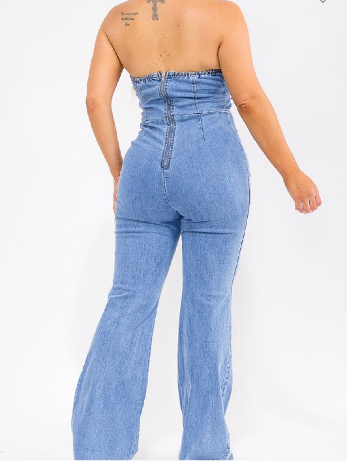 Plus Light Denim Off Shoulder Lace Up Wide Leg Jumpsuit