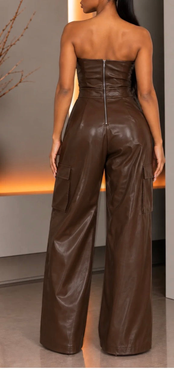 FAUX PU CARGO TUBE JUMPSUIT