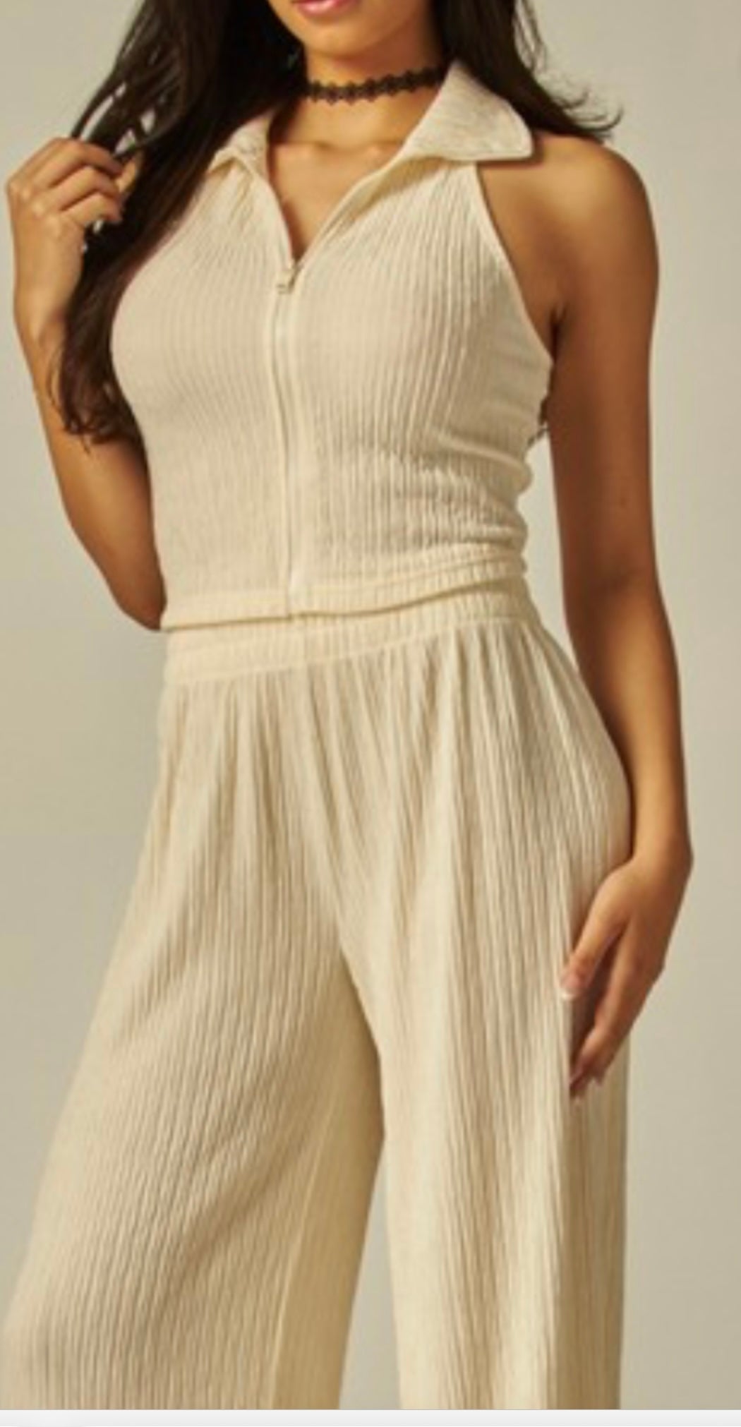 Crinkle Textured Collar Zip-up 2pc Loungewear Set
