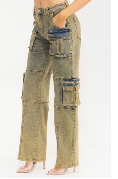 Plus Button Closure Cargo Pockets Wide Leg Denim Pants