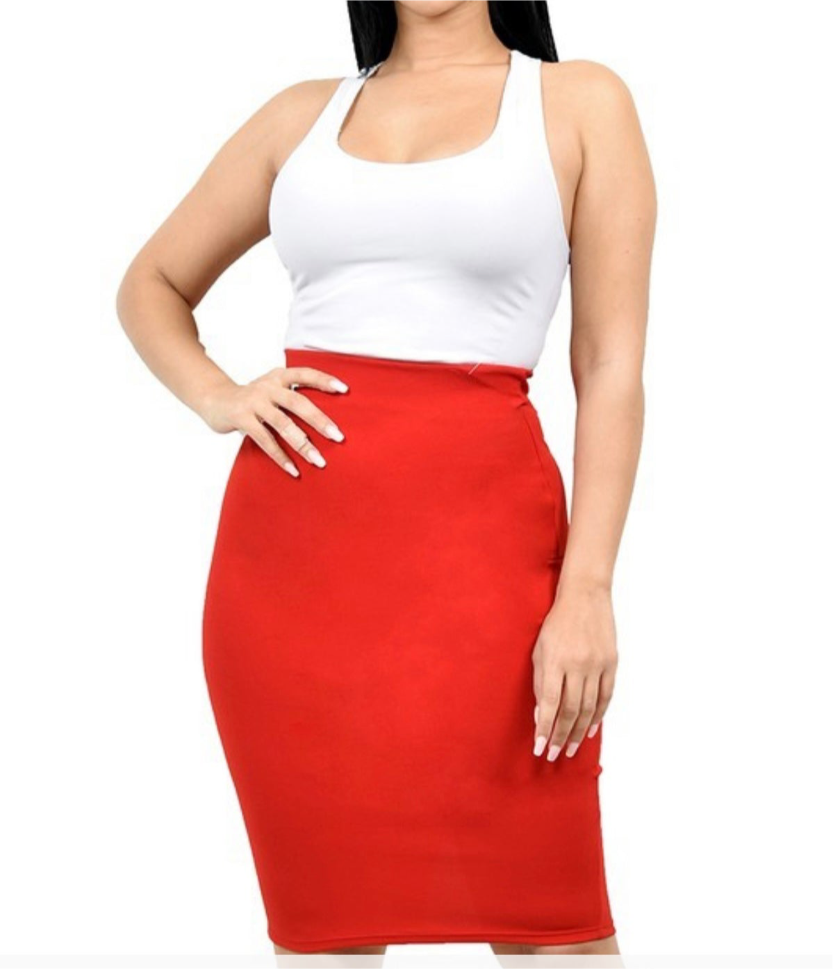 Solid Knee Length Pencil Skirt Red
