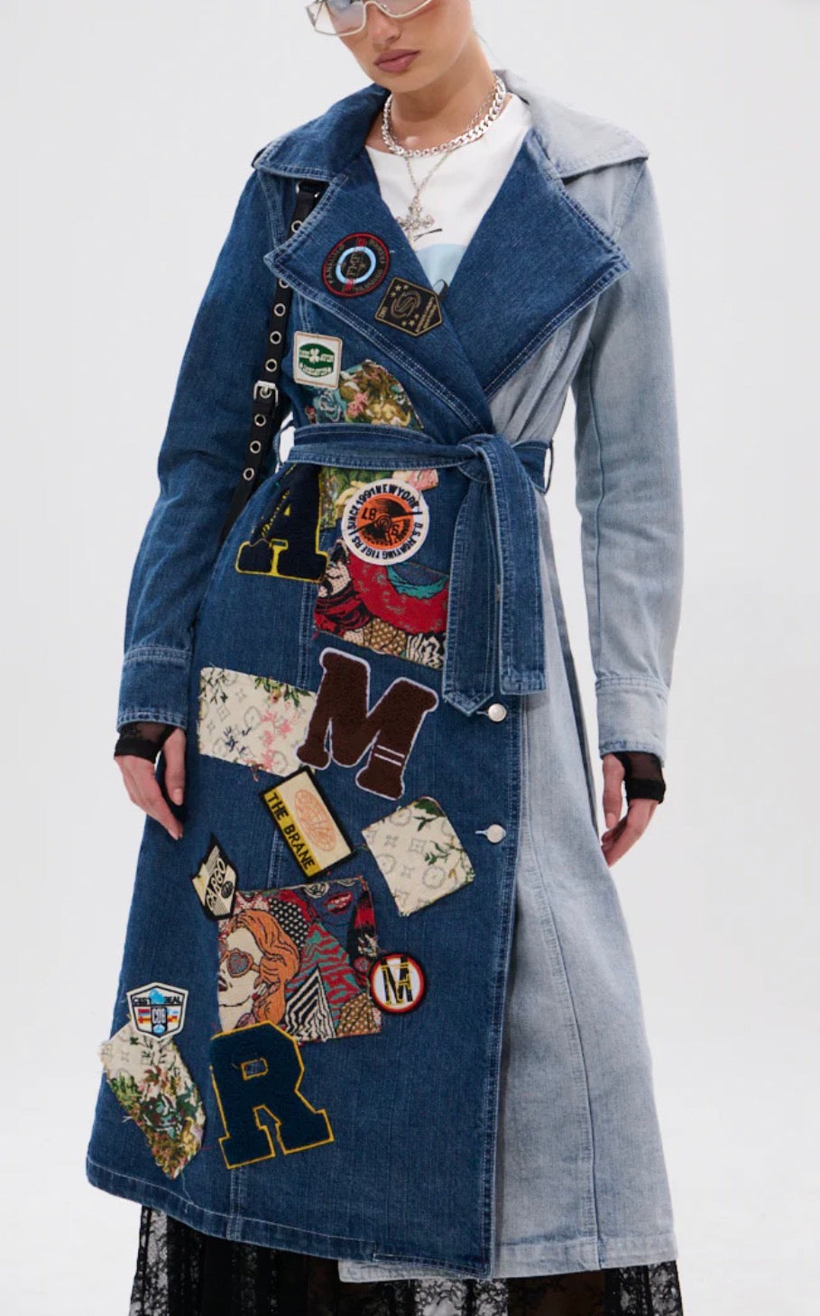 Long Denim Patch Jacket Trench Style s/m A