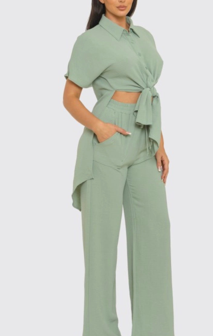 Button Down Front Tie Back Slit Top Set