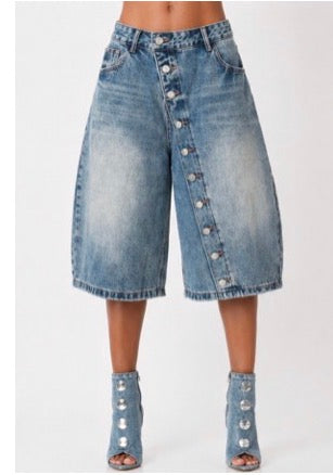 Denim Asymmetrical Button Detail Bermuda Shorts