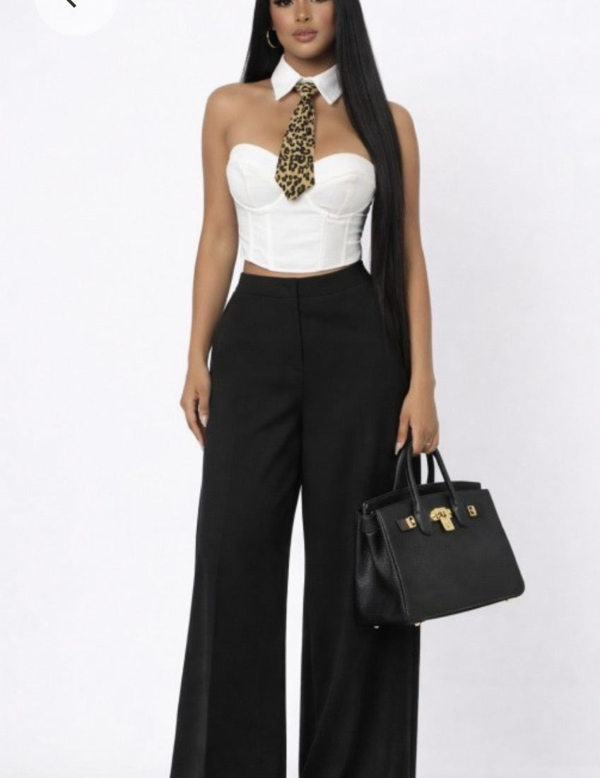 Bustier Tube Top W/ Collar & Leopard Print Necktie