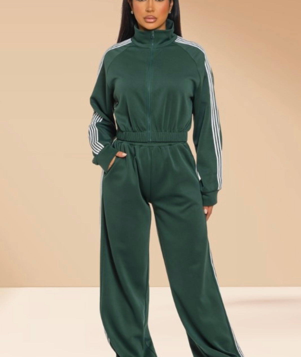 Tracksuit 2 Piece Set Zip Up Sweater Wide Pants Green