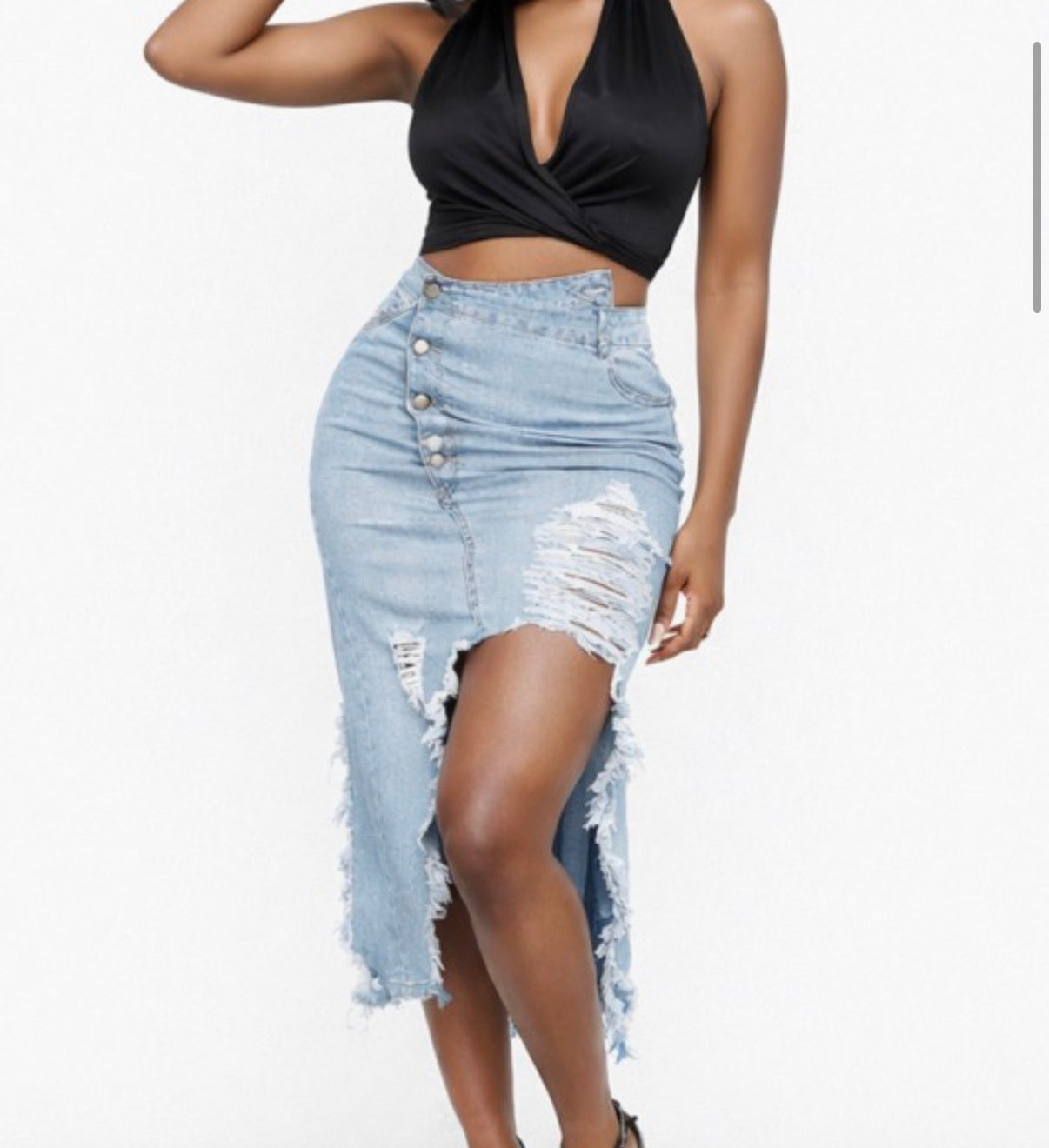 Distressed Denim Midi Skirt