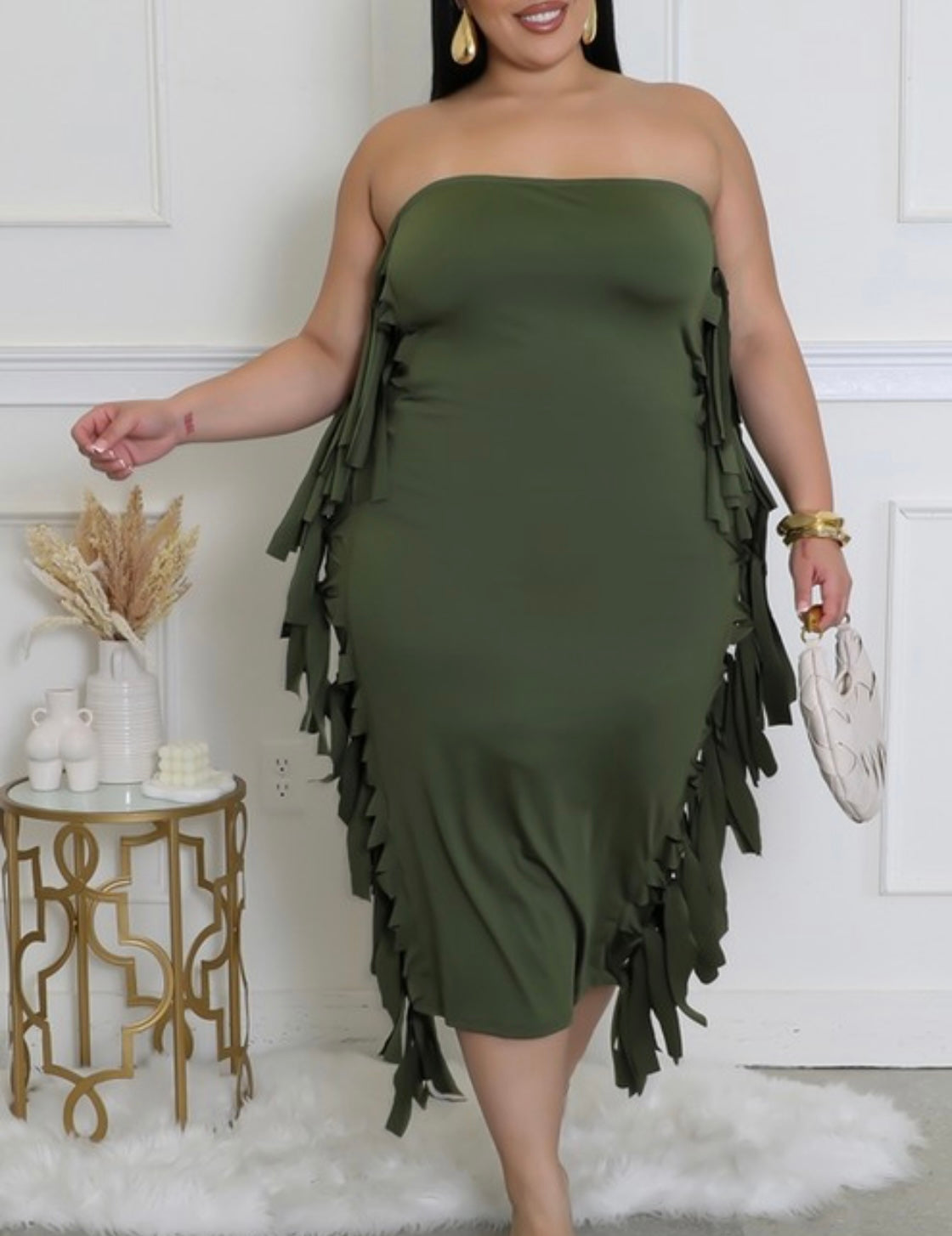 Stretch dress, Ruffles, No closure. Model is wearing a 2X Olive