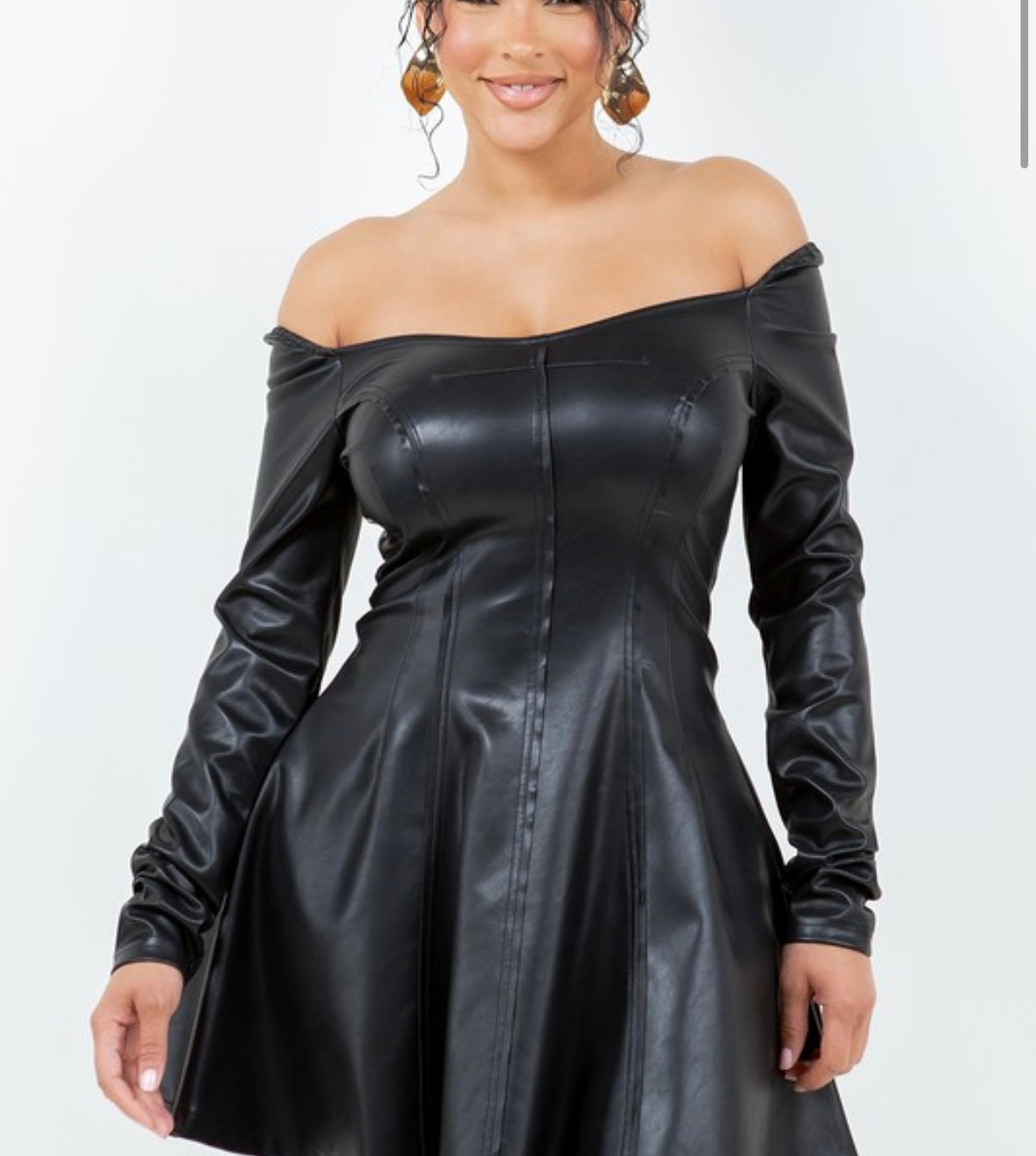 Faux Leather Off Shoulder Fit & Flare Dress