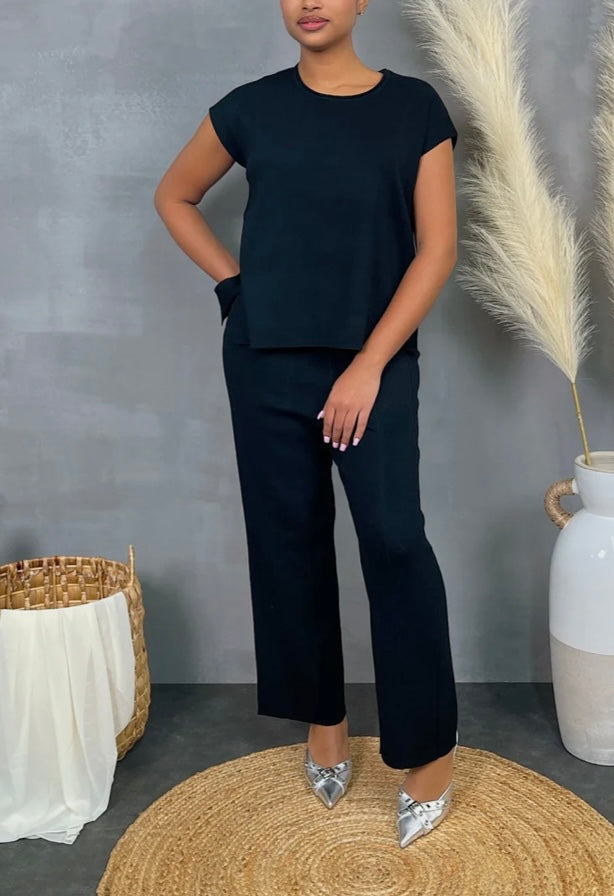MUCLE KNIT TOP & PANTS SET Black