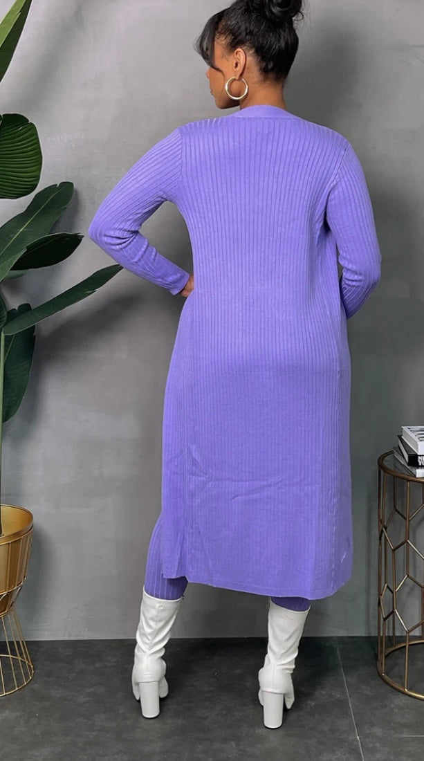 Rib Three Piece Set With Cardigan Lavender