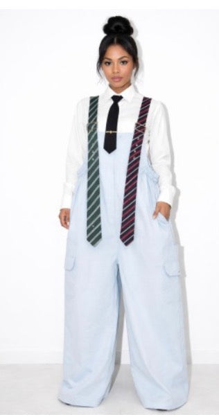 Stripe Tie Strap Detail Denim Wide Leg Jumpsuit