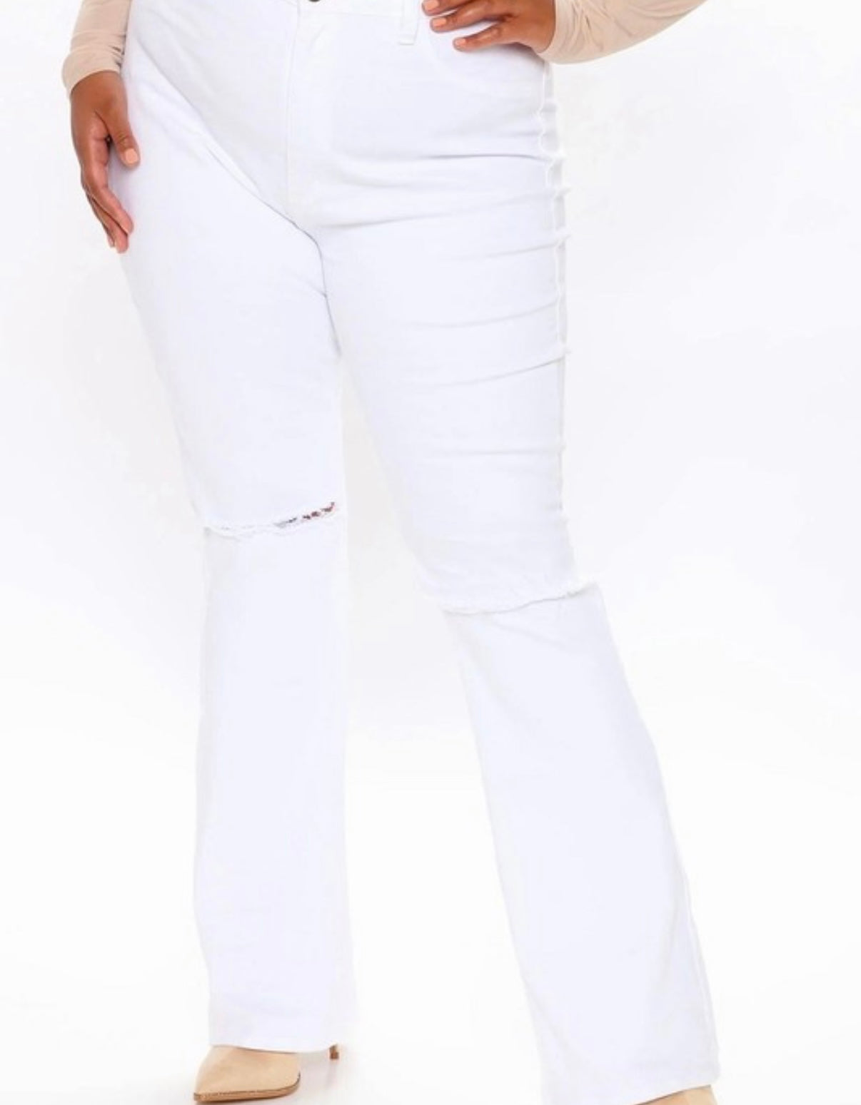 Plus Size High Rise Knee Cut White Flare Jeans