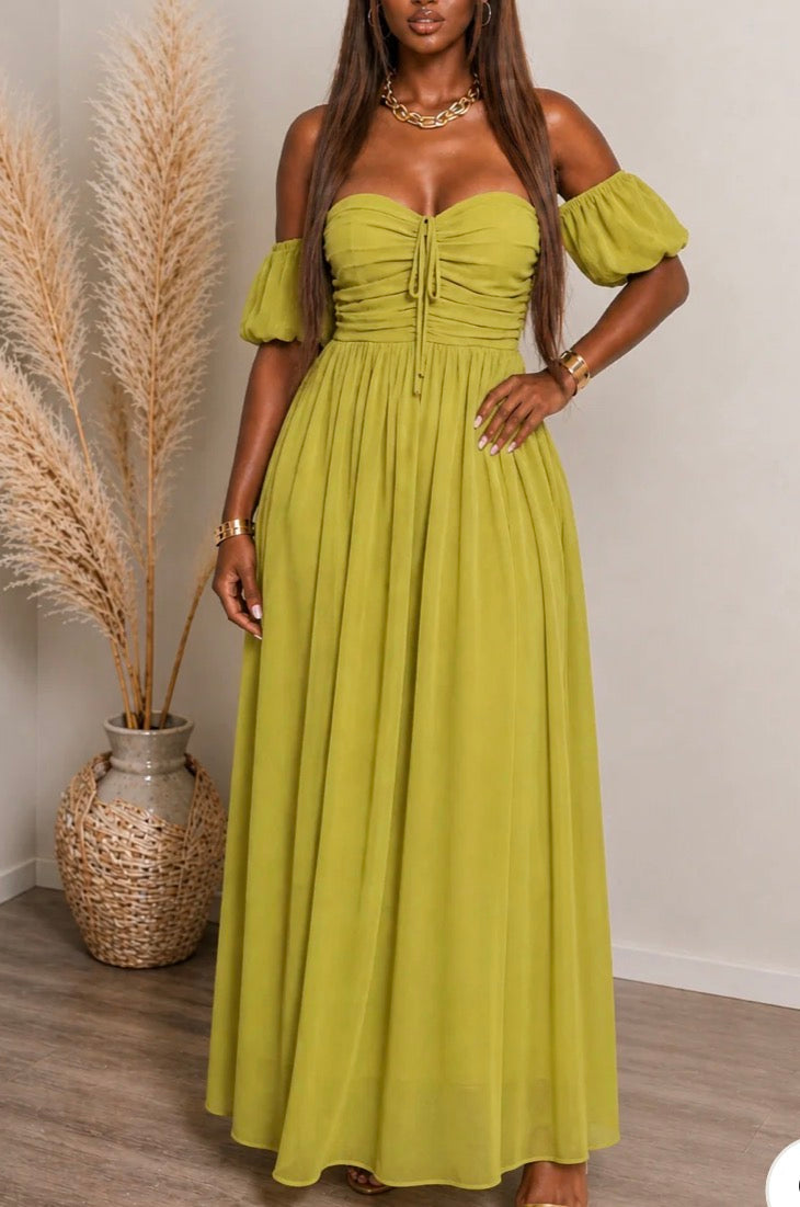 CHIFFON RUCHED CHEST OFF SHOULDER DRESS