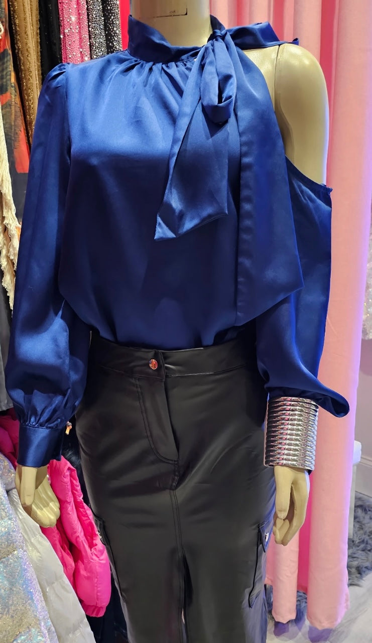 Long Sleeve Cold Shoulder Bow Blue Top