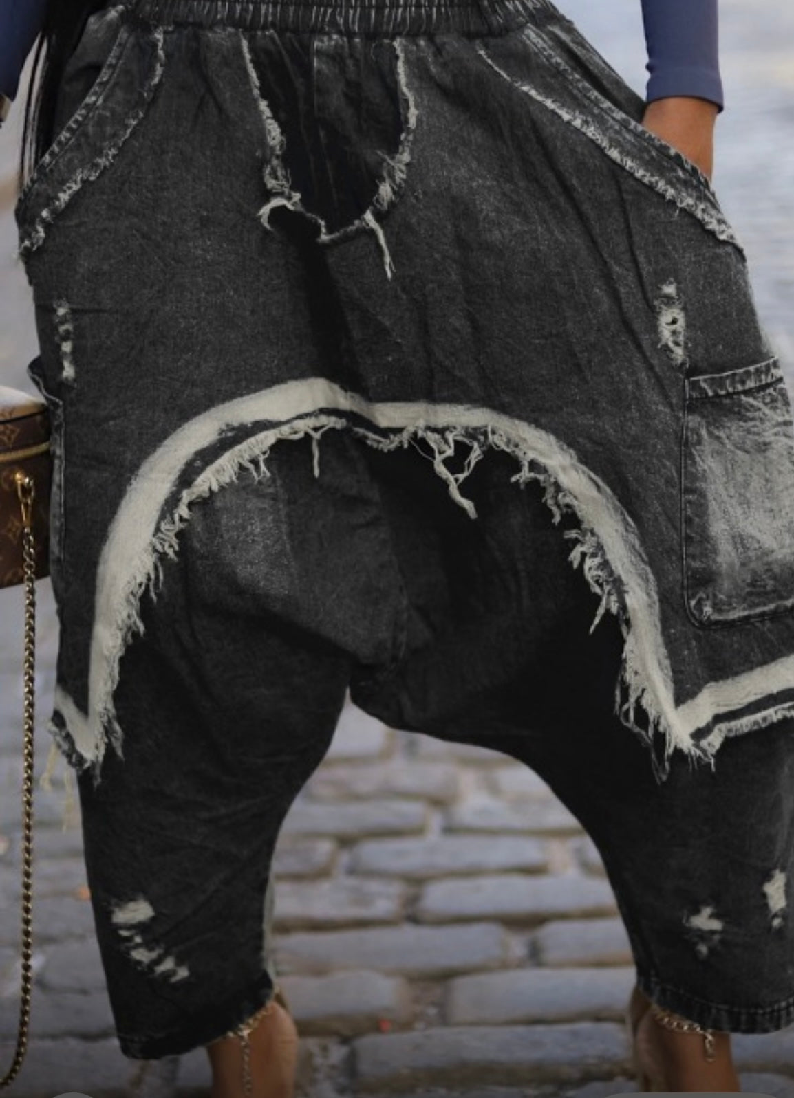 Trendy Distressed Denim Harem Pants Black