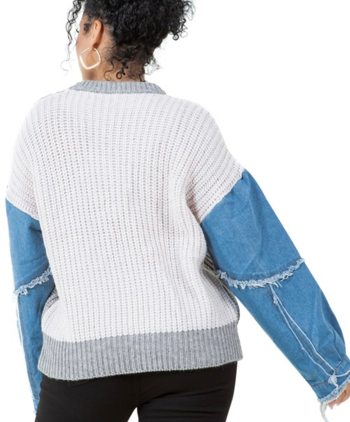 Denim Contrast Colorblock Knit Sweater One Size b/g