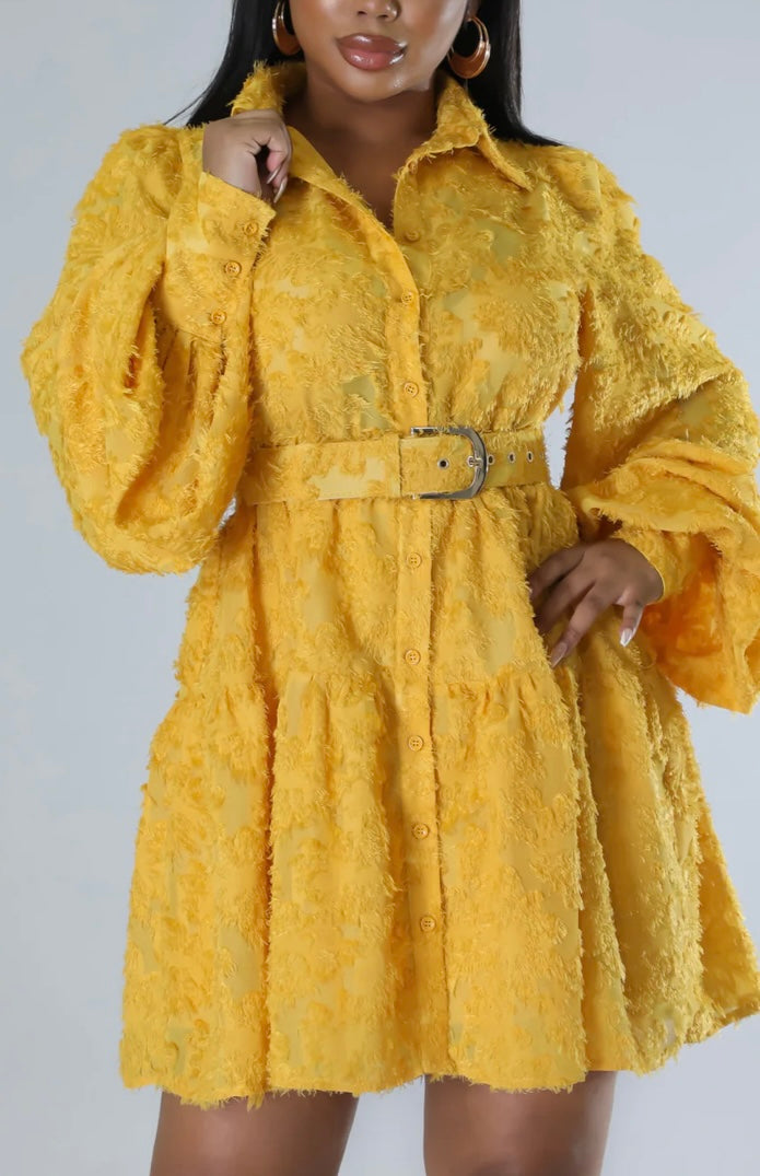 COLLAR WIDE LS MIDI DRESS Mustard