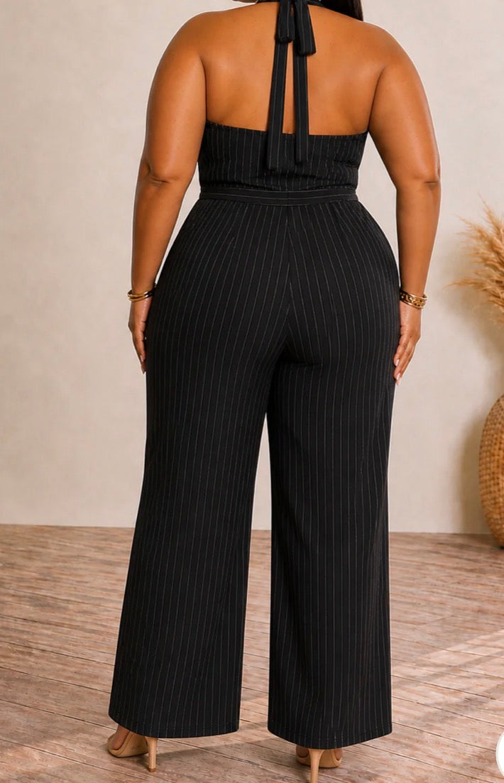 PINSTRIPE HALTER JUMPSUIT (PLUS)
