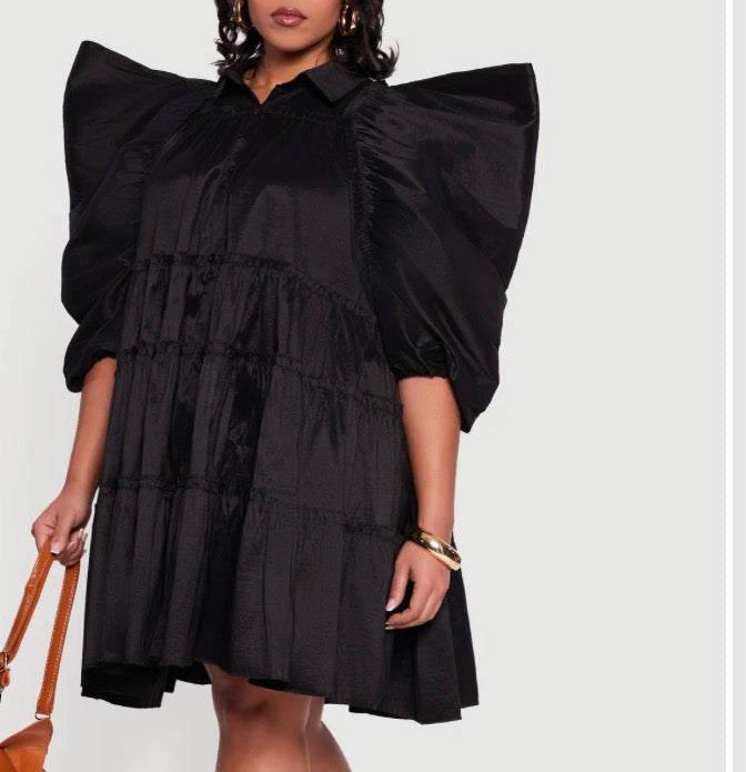 Puff Sleeve Button Down Ruffles Dress R