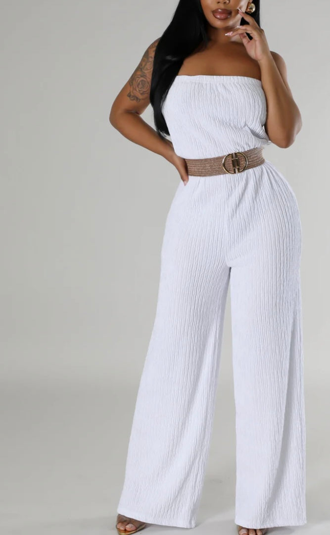 STRAPLESS BELTED WIDE LEG JUMPSUIT Off White