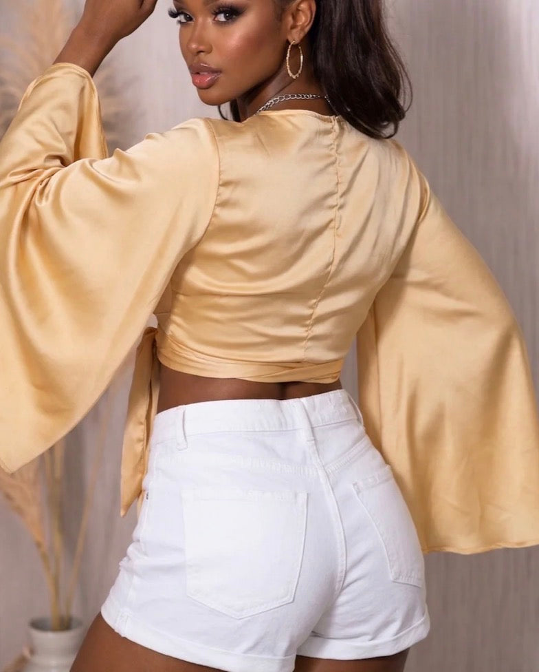 SATIN WRAP BELL SLEEVE TOP