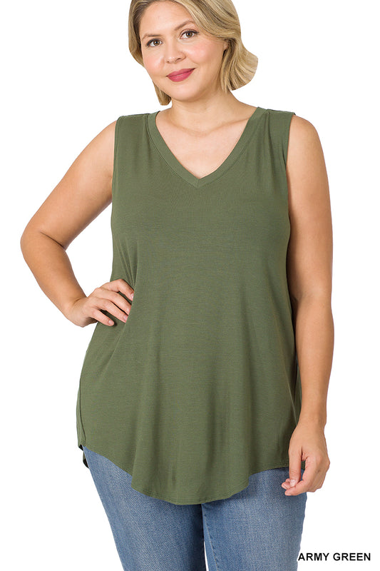 V Neck Sleeveless High Low Top Army Green