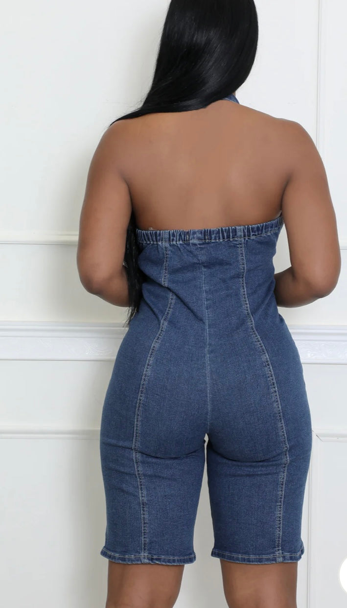 DENIM NECK OPEN BACK ROMPER