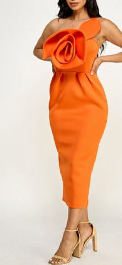 3d Flower Scuba Midi Dress Orange