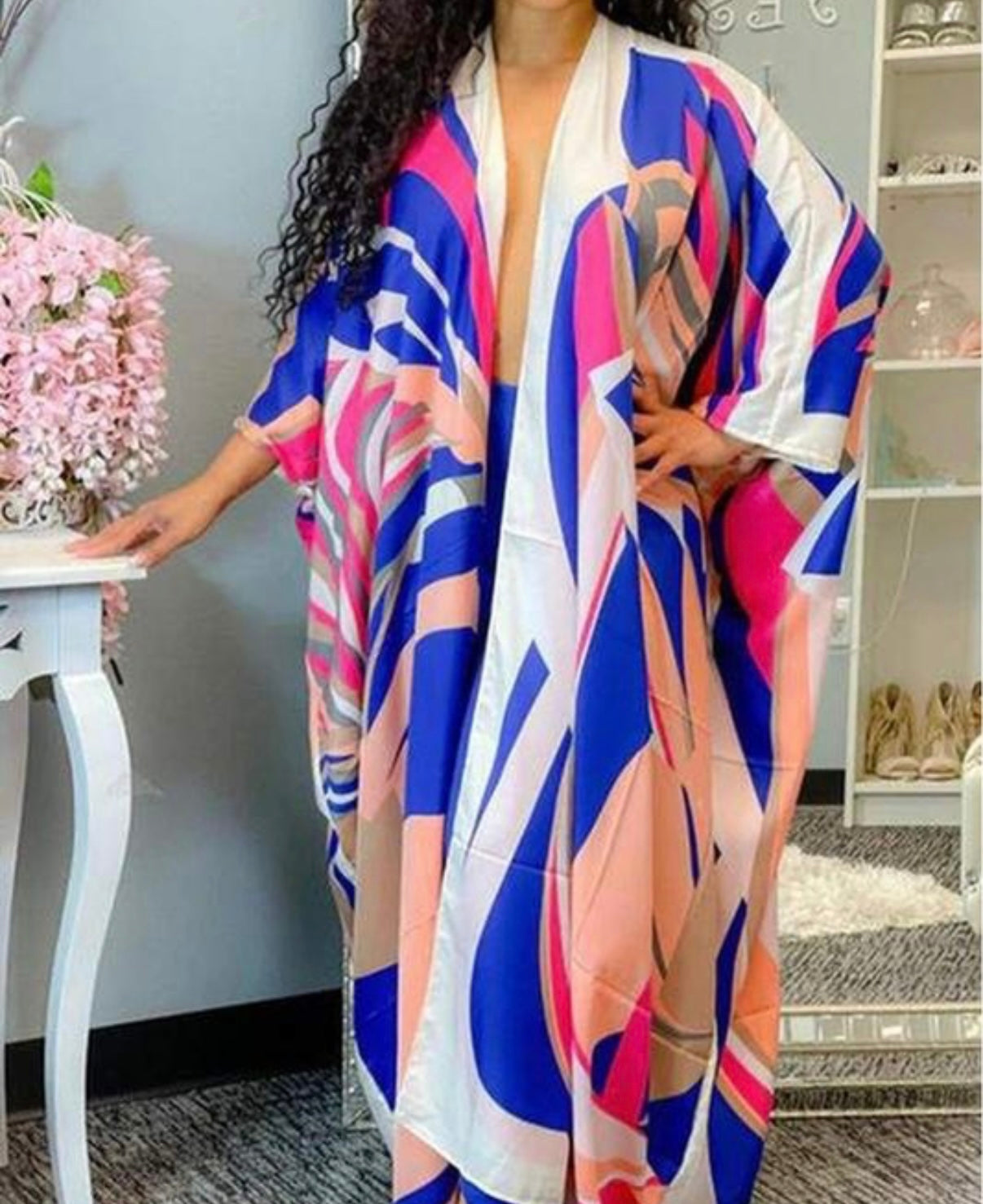 Floral Kaftan Summer Dress Blue One Size