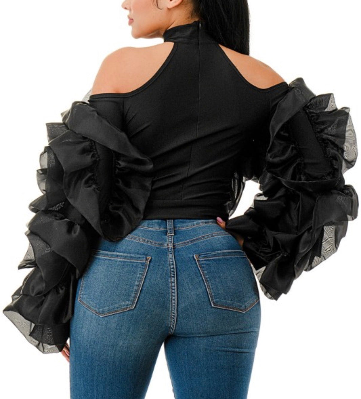 Plus Cold Shoulder Mock Neck Ruffles Crop Blouse T
