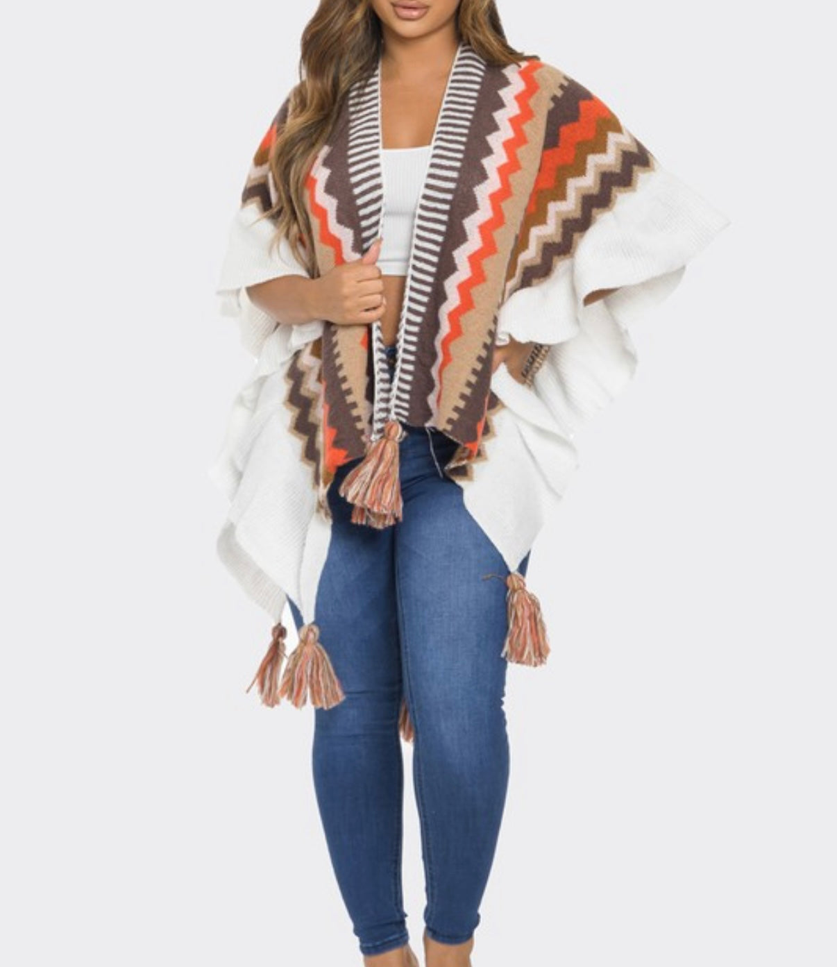 Multi Color Ruffle Detail Knit Top/shawl ONESIZE BROWN/ORANGE