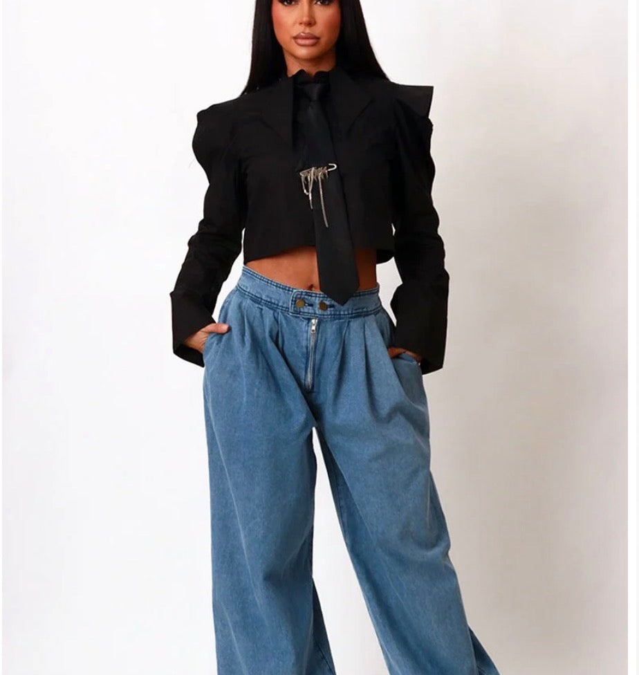 POPLIN OPEN SHOULDER CROP SHIRT WITH TIE