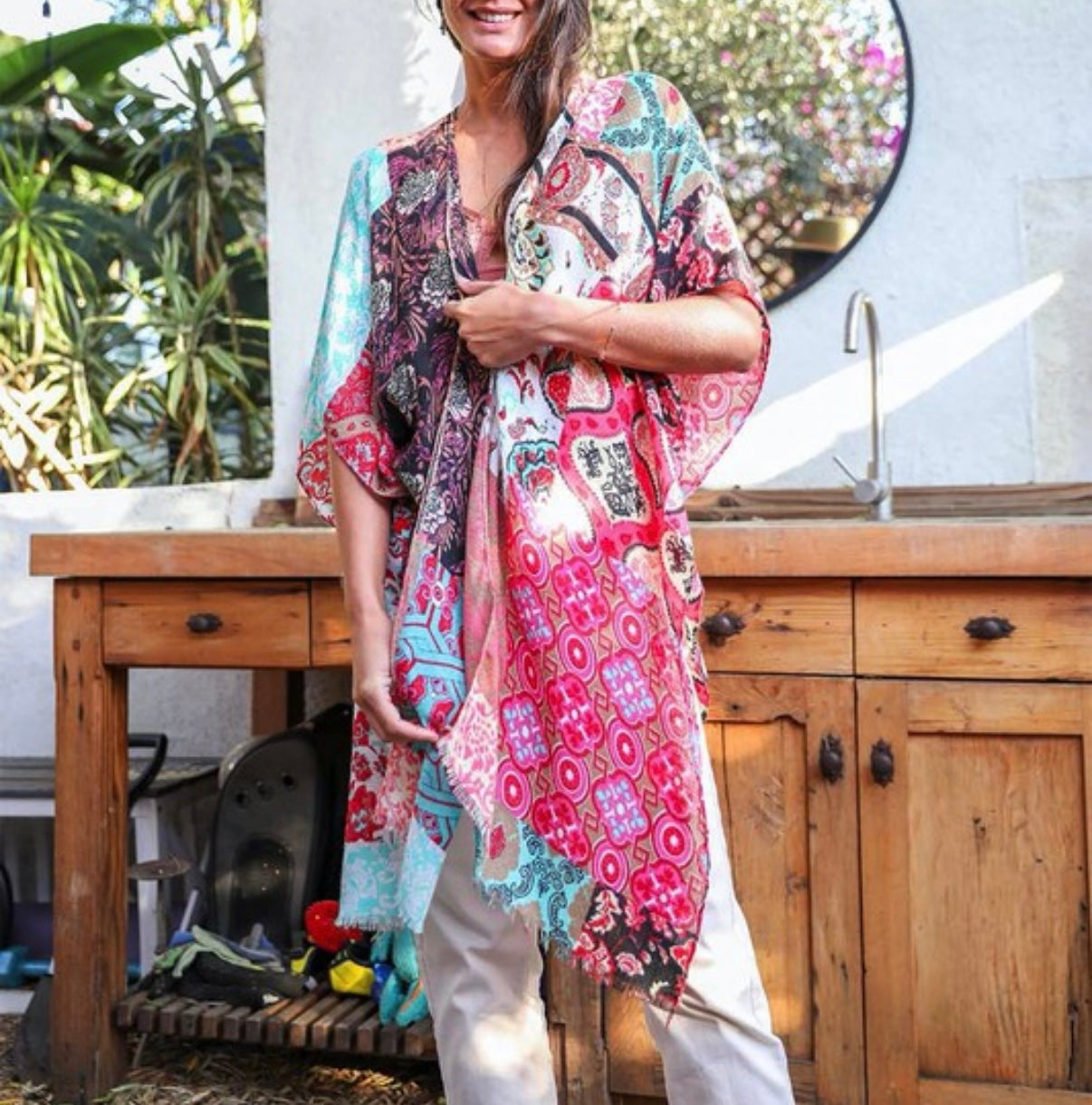 Boho Floral Patchwork Kimono Sky Blue one Size