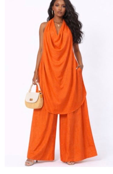 Sleeveless Draped Halter Top And Wide Leg Pants Set