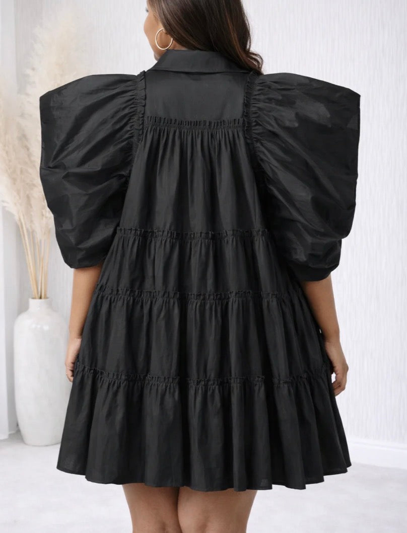 Puff Sleeve Button Down Ruffles Dress