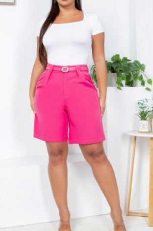 Solid Belted Fashion Shorts Pink