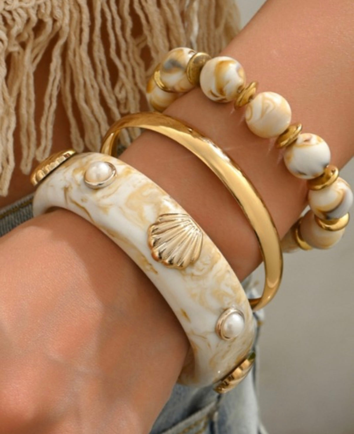 Resin Bead Shell Geometric Turquoise Bracelet Set