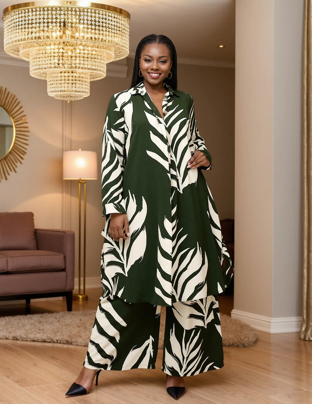 PRINTED HALTER TOP & PANTS SET Green